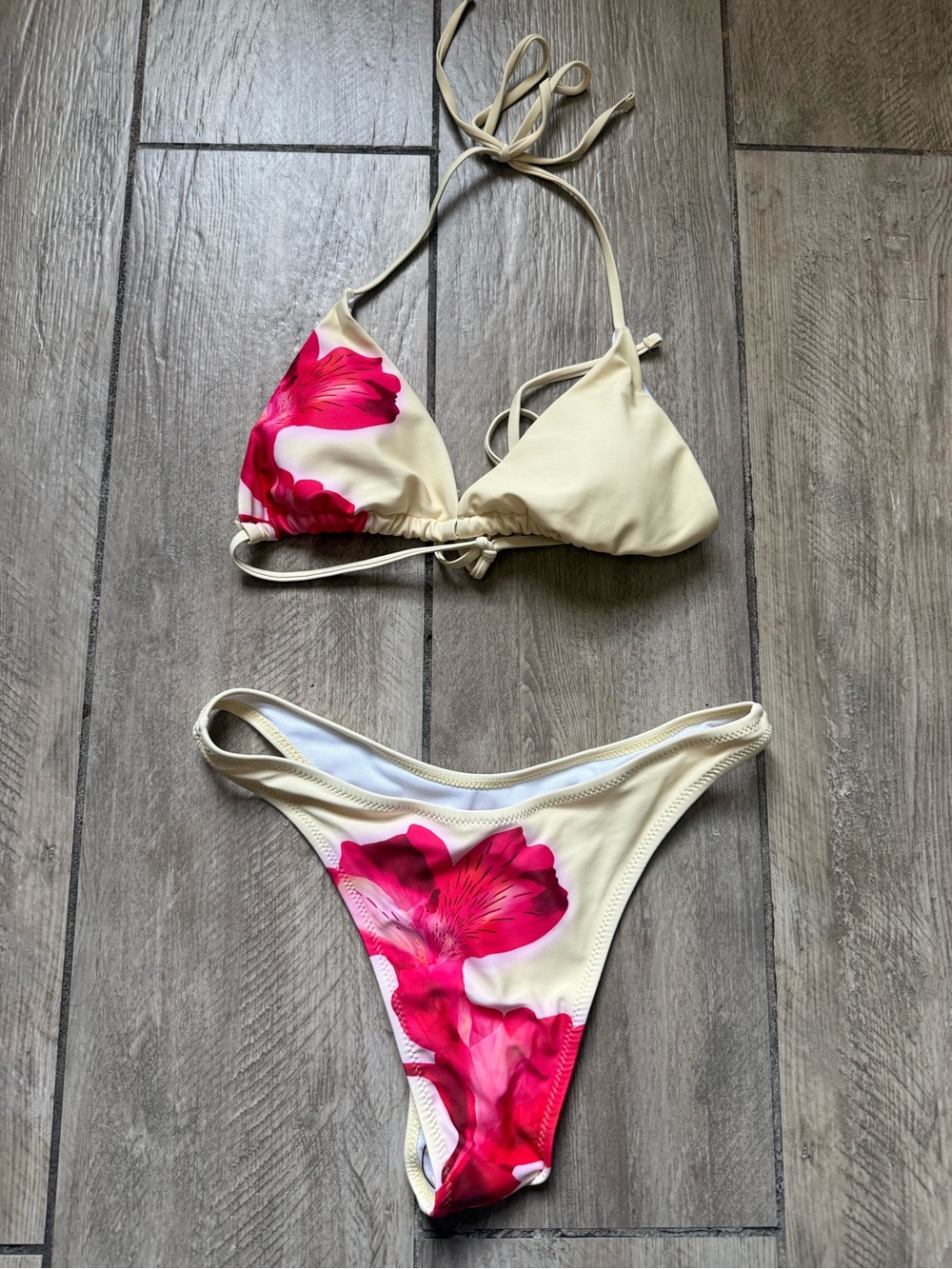 Cream & Fuchsia Floral Triangle Bikini Set